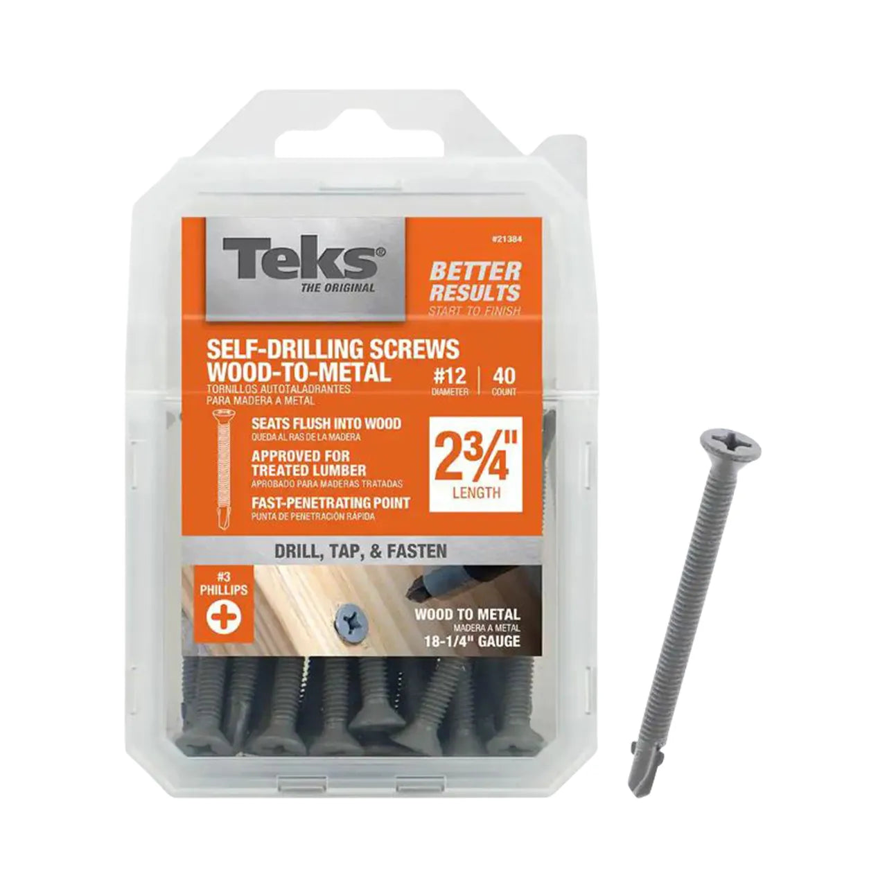 A clear plastic box of Go Build #12 x 2-3/4 in. Phillips Flat-Head Self-Drilling Screws (40/Pack) is shown, with one screw displayed outside. Packaging highlights key features and usage for The Fastest Way To Build.